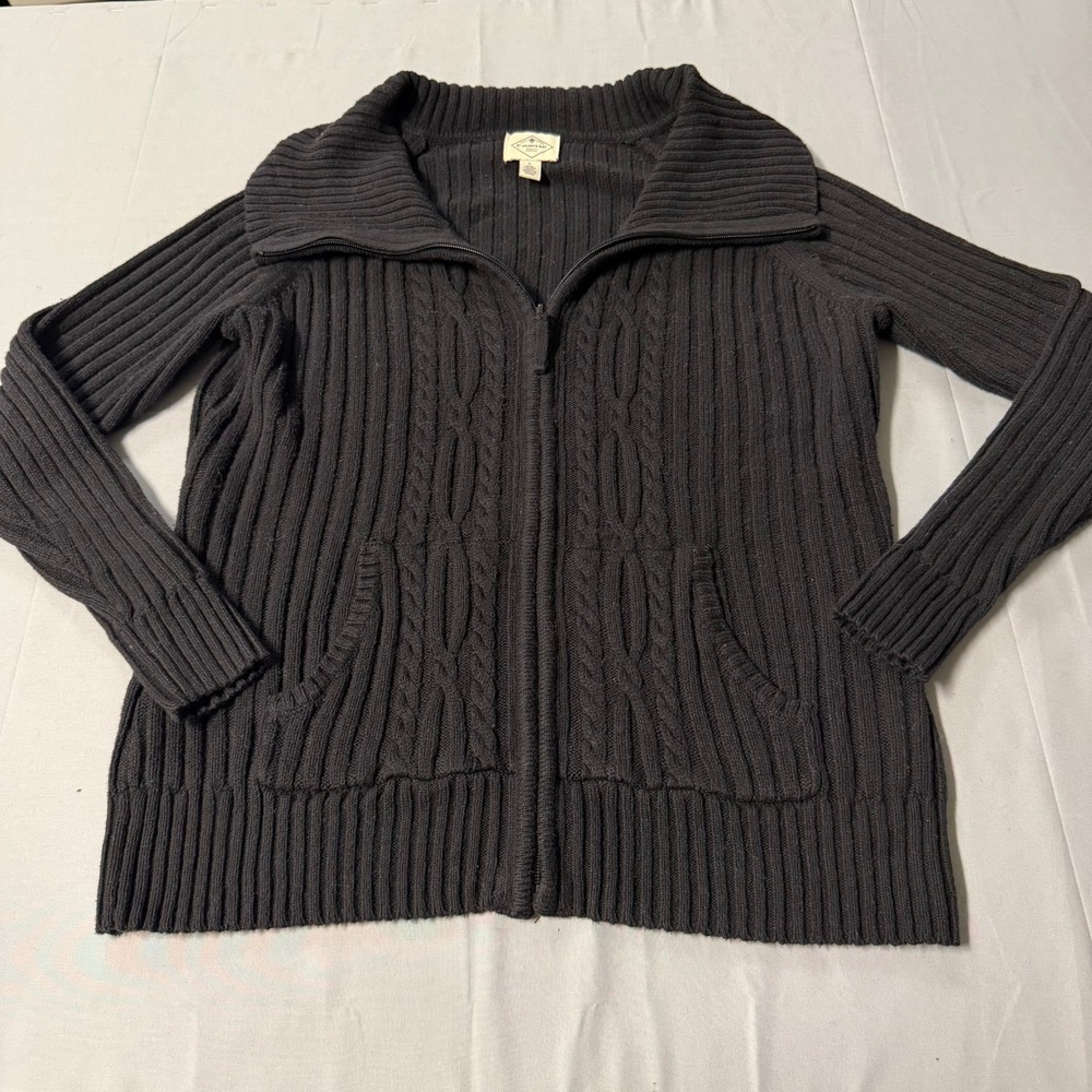 St Johns Bay Womens Black Cable Knit Full Zip Mock Neck Sweater Cardigan Large